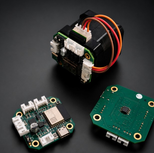 CANStepper mounted on a NEMA 17 motor, with a spare board front and back
